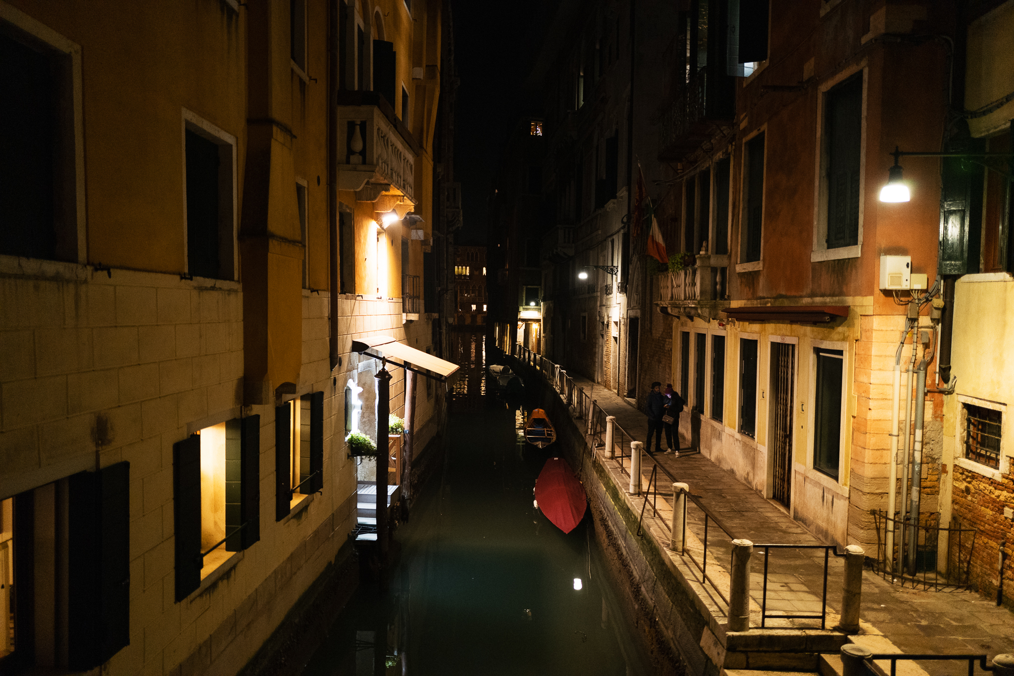 The inner city canals at night.