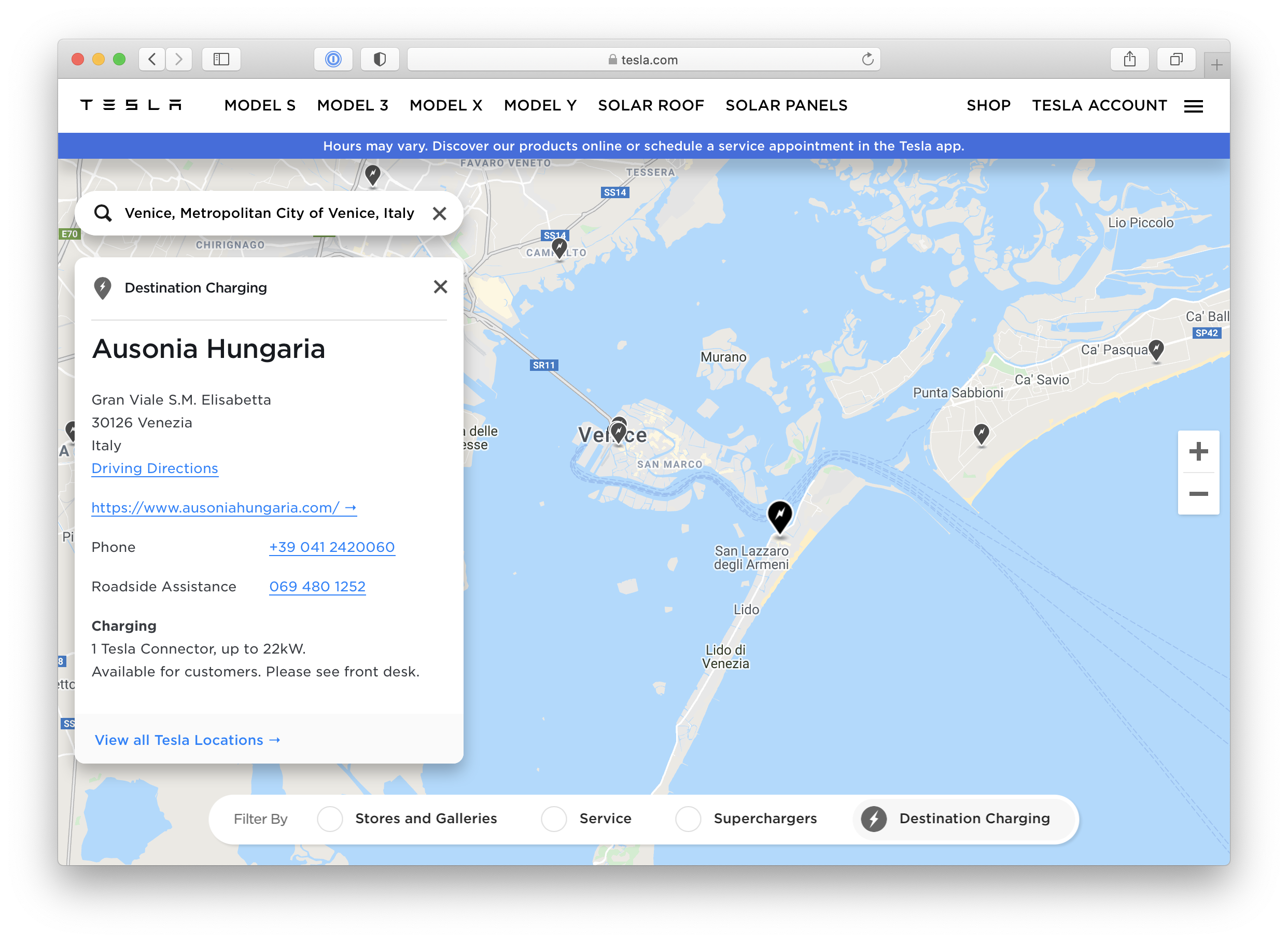 Screenshot Tesla destination charger map in Venice.